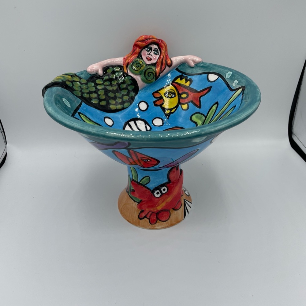 Mermaid & Sea Creatures Large Pedestal Bowl 7"Tall x 10”Diameter Nicole Engblom - Picture 9 of 9